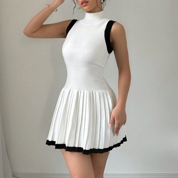 Black and White Elegant Women's Casual Trimmed Collar Sleeveless Sweater Dress - Picture 3 of 6